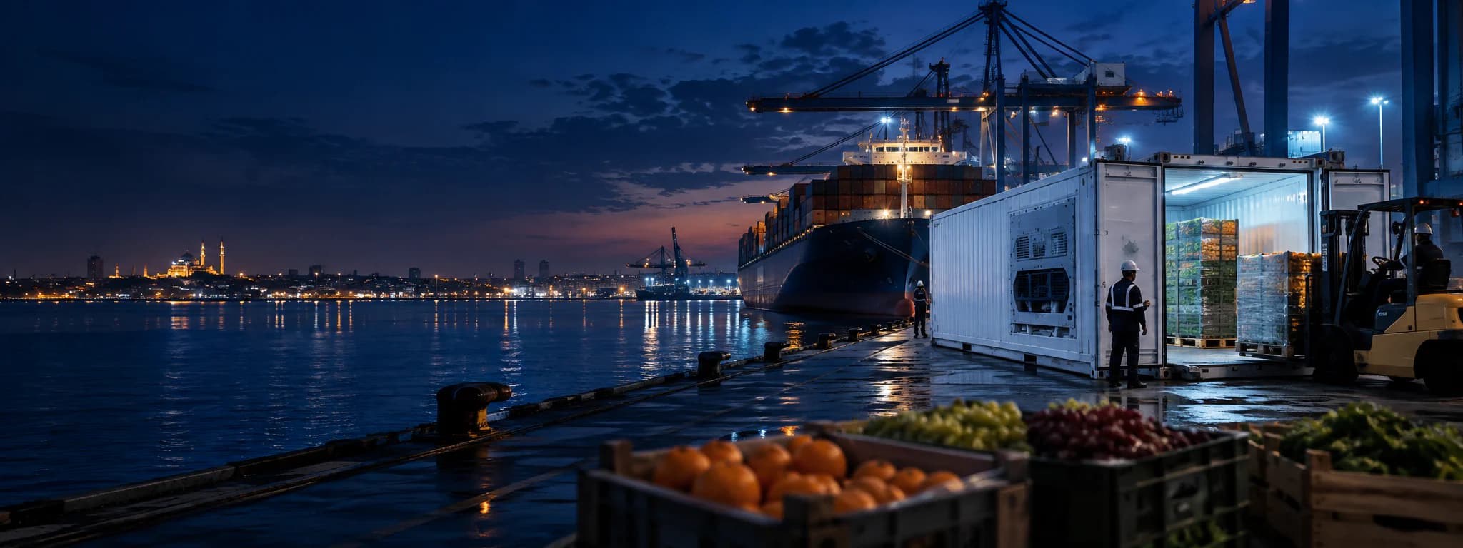 Refrigerated container loading fresh produce beside an ocean vessel at night
