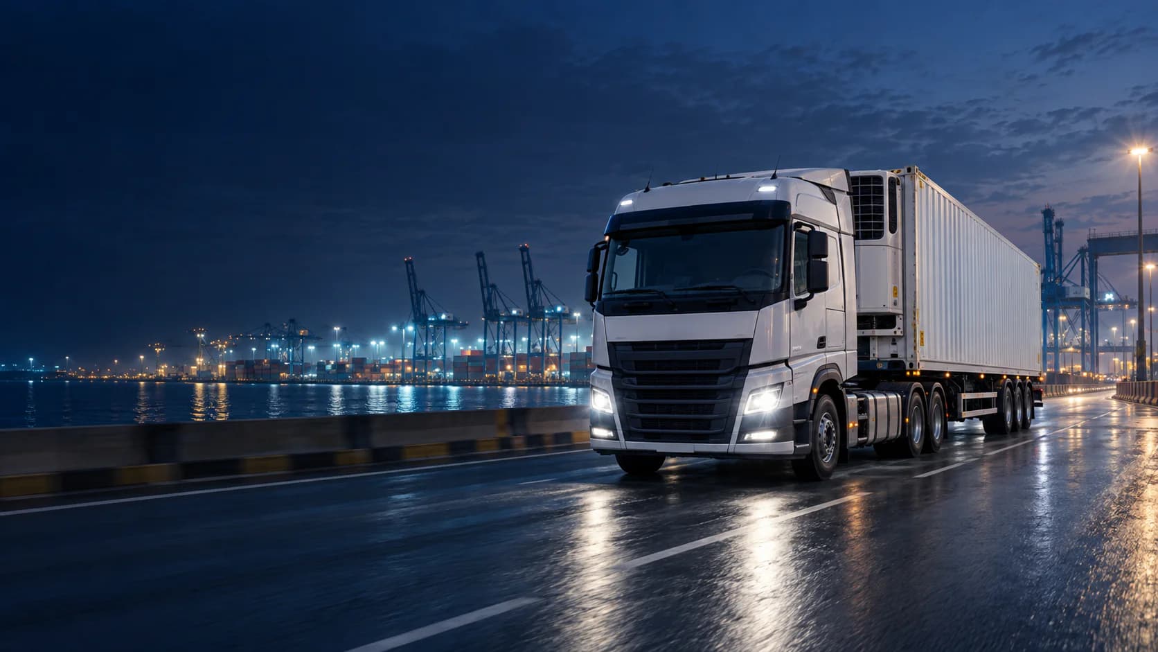 Refrigerated container truck moving toward an Egyptian seaport at blue hour